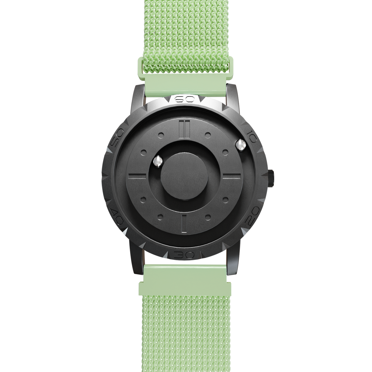 Magneto-Watch-Komet-Black-Maschenarmband-Mint-Front