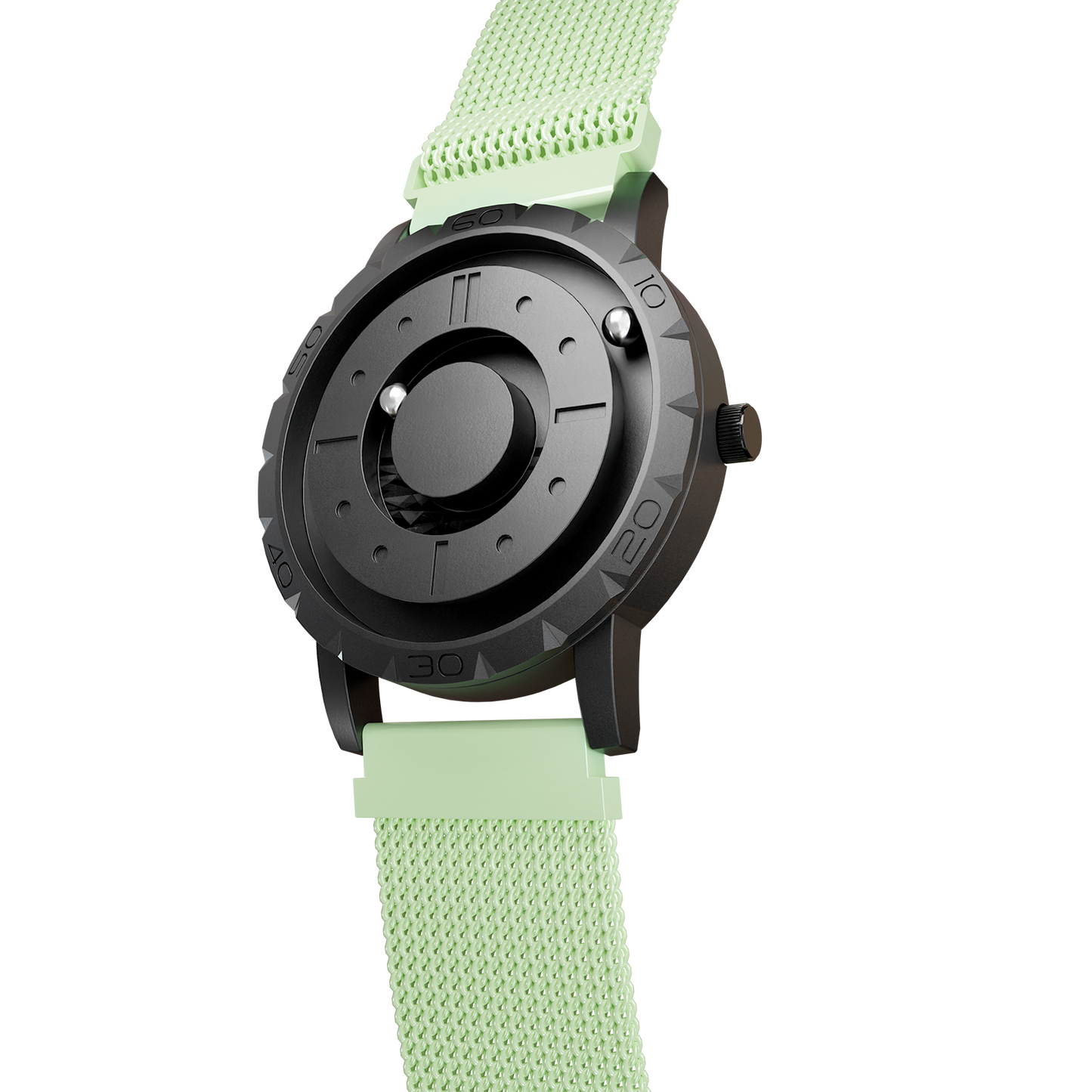 Magneto-Watch-Komet-Black-Maschenarmband-Mint-Side