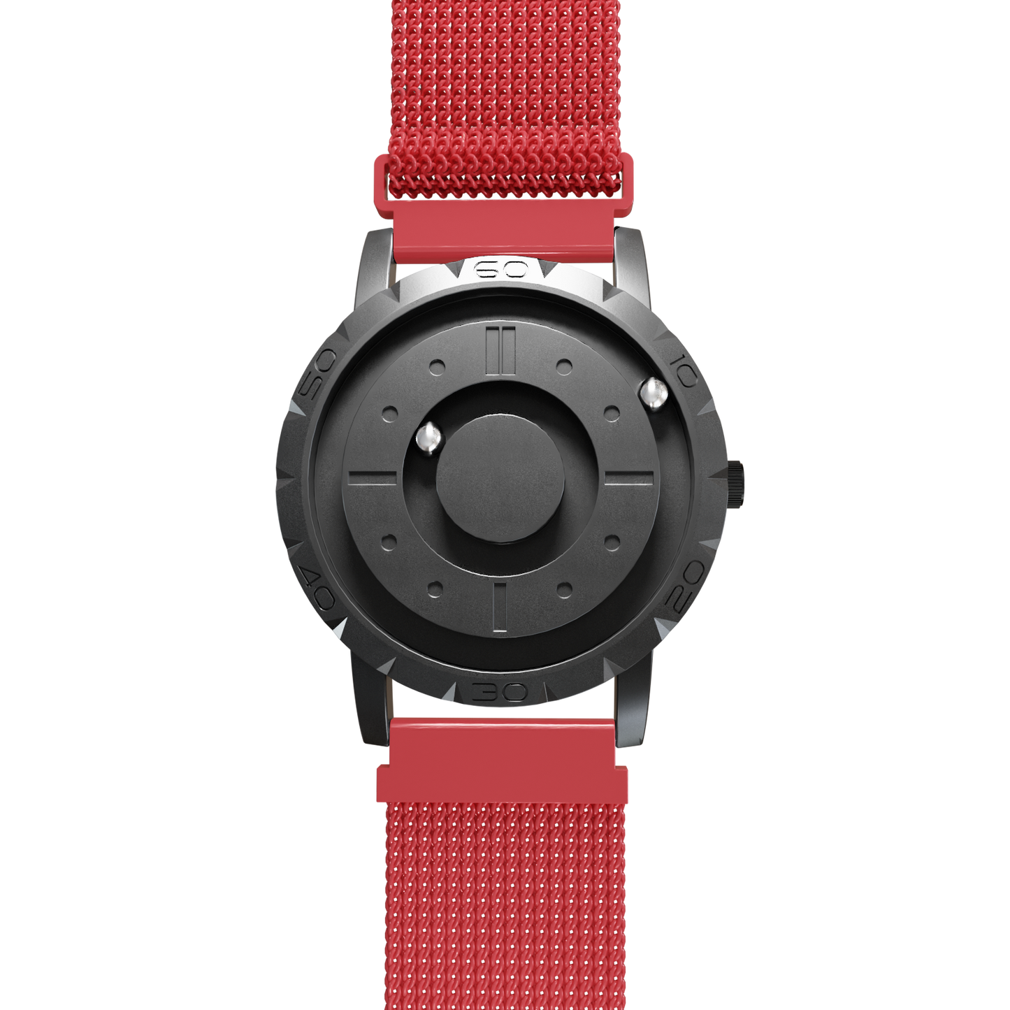 Magneto-Watch-Komet-Black-Maschenarmband-Rot-Front