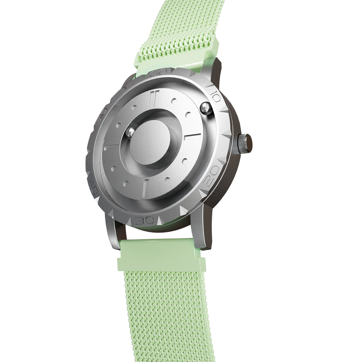 Magneto-Watch-Komet-Silver-Maschenarmband-Mint-Side