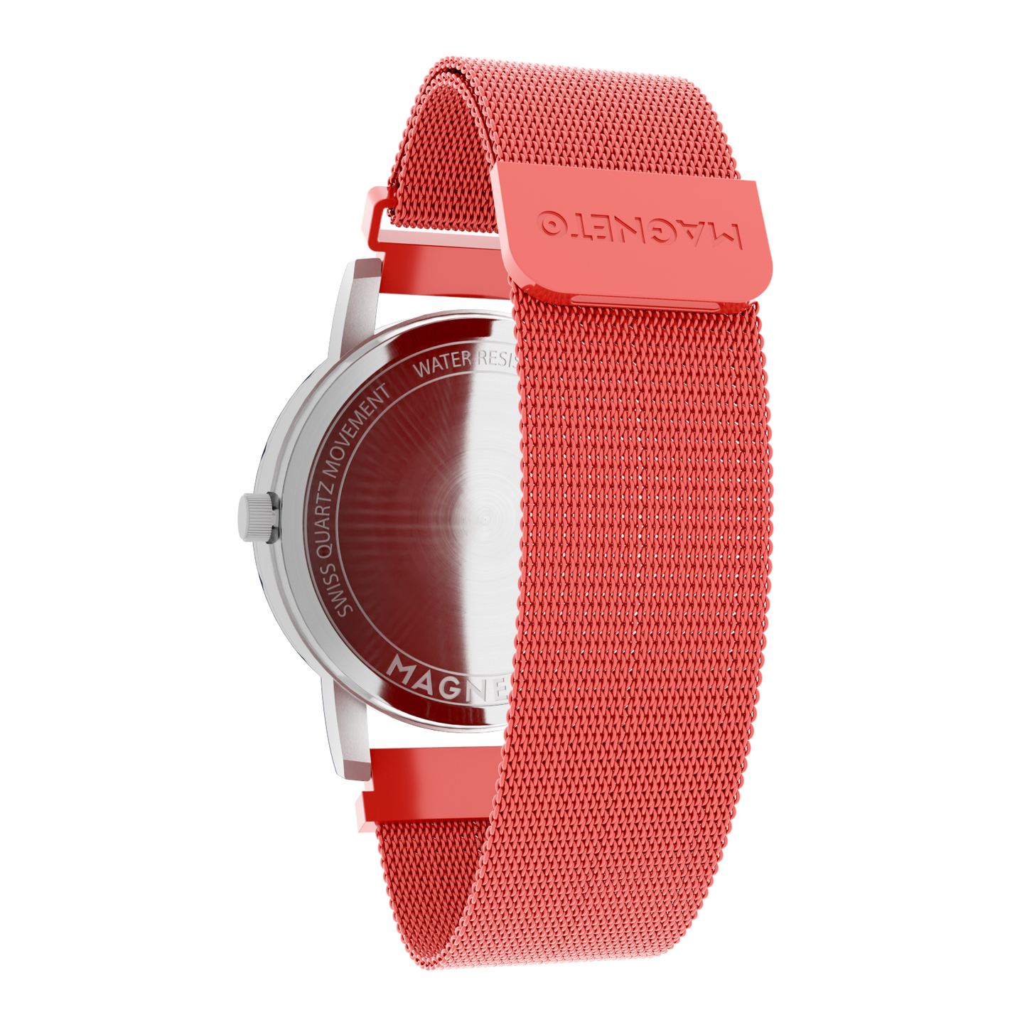 Magneto-Watch-Komet-Silver-Maschenarmband-Rot-Back