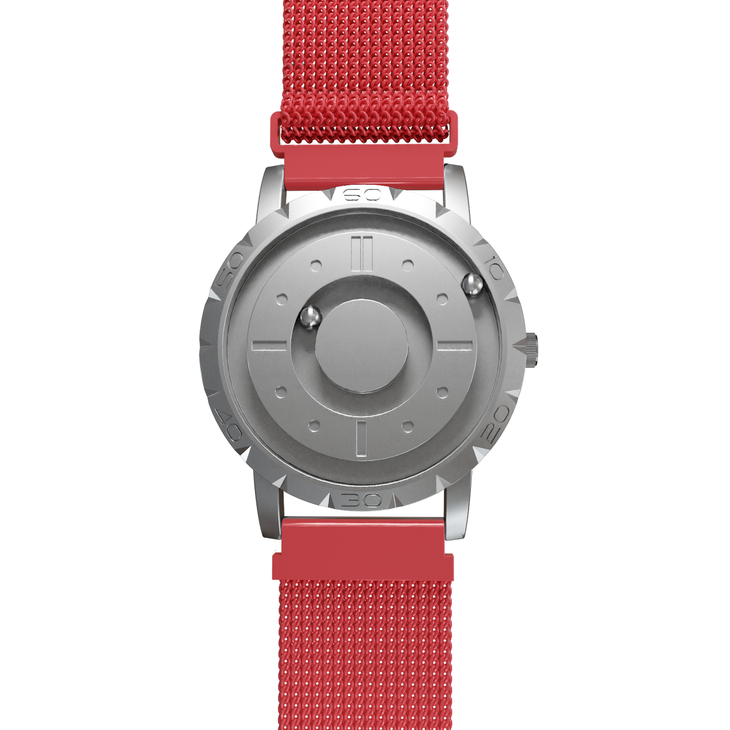 Magneto-Watch-Komet-Silver-Maschenarmband-Rot-Front