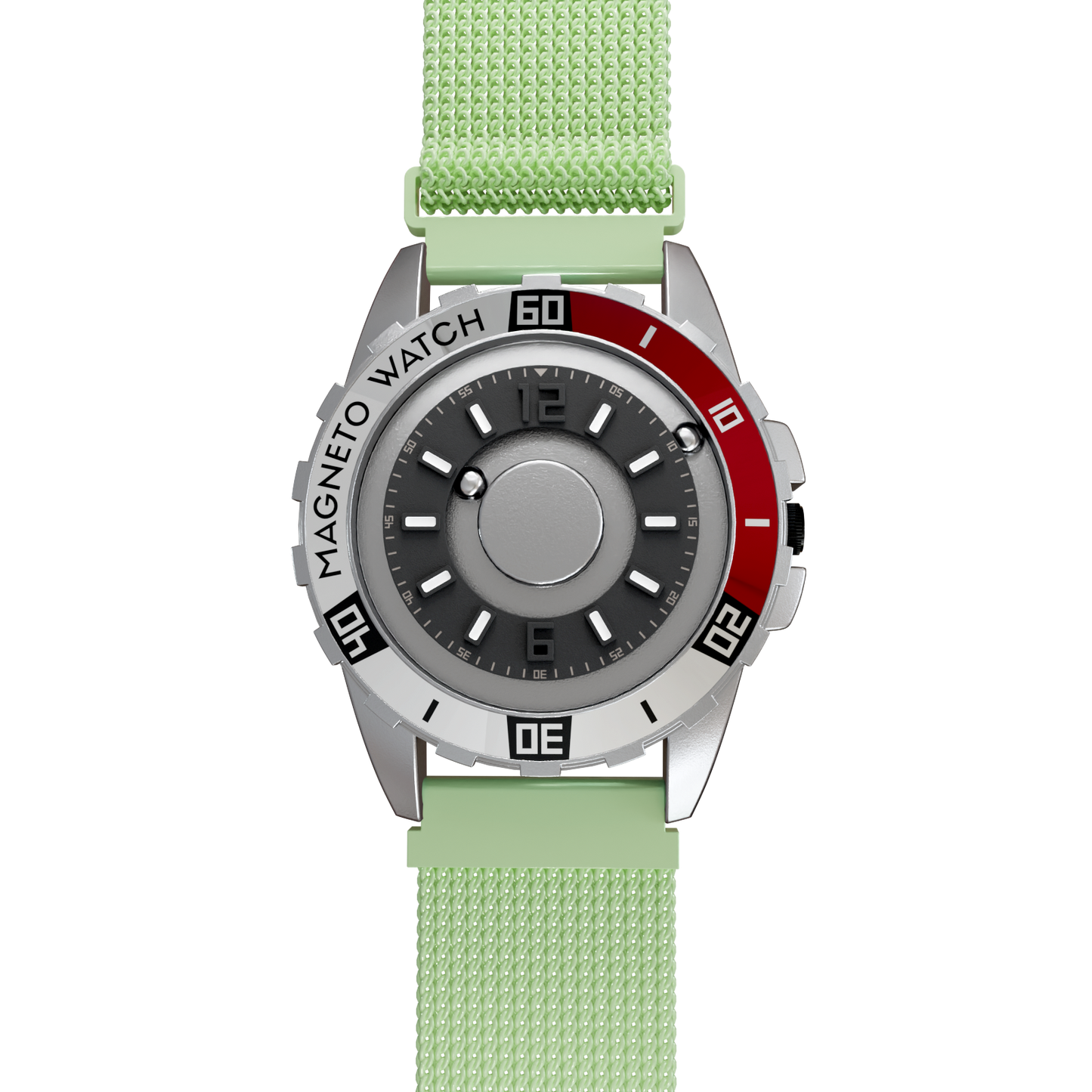 Magneto-Watch-Uranus-Red-Maschenarmband-Mint-Front