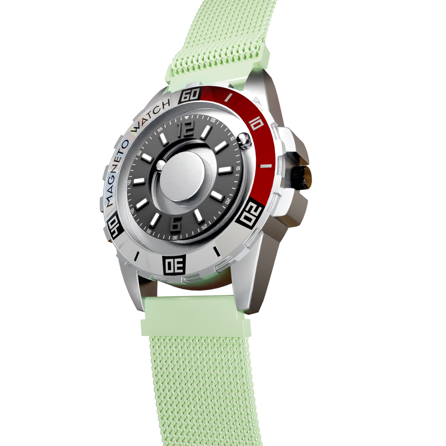 Magneto-Watch-Uranus-Red-Maschenarmband-Mint-Side