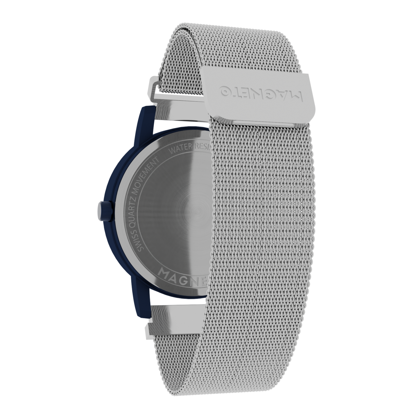 Magneto-Watch-Wave-Blue-Maschenarmband-Silber-Back