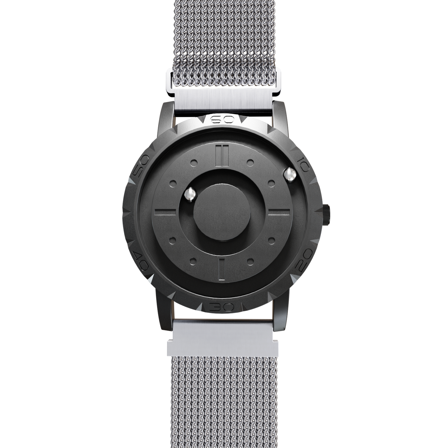Magneto-Watch-Komet-Black-Maschenarmband-Silber-Front