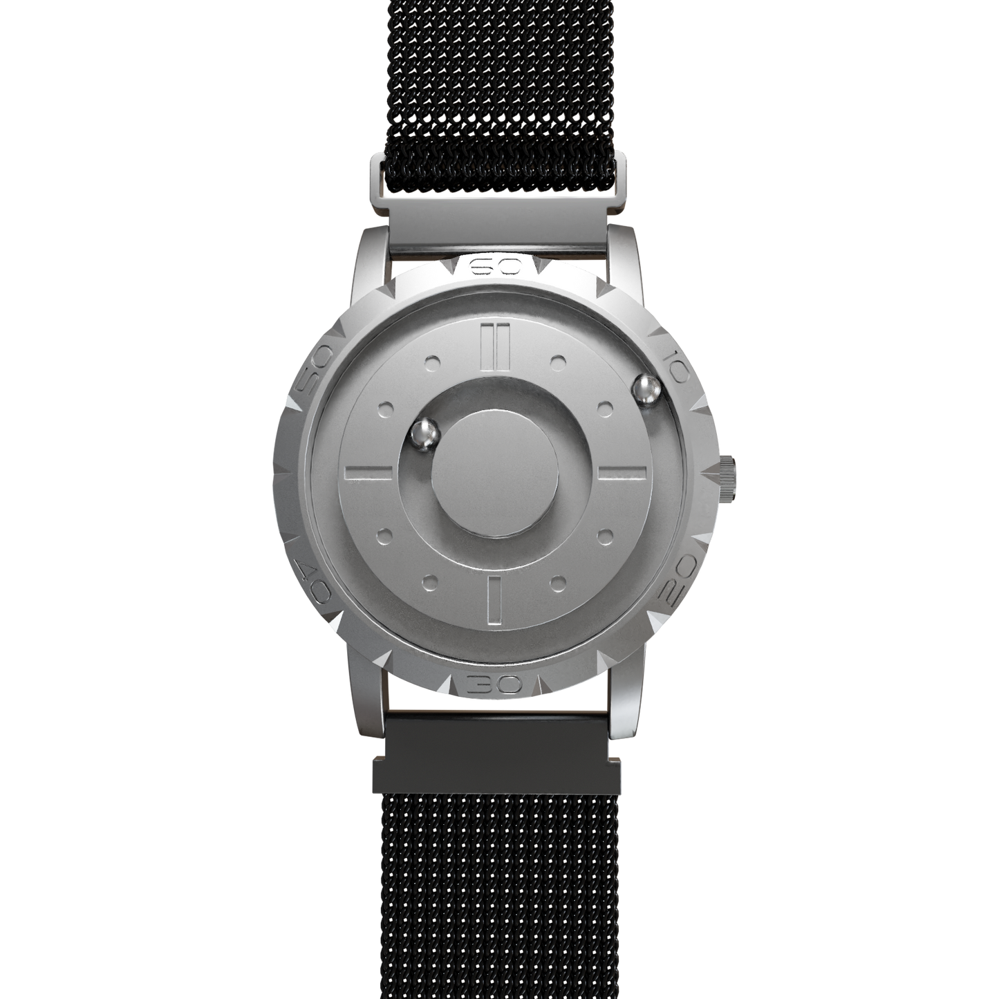 Magneto-Watch-Komet-Silver-Maschenarmband-Schwarz-Front