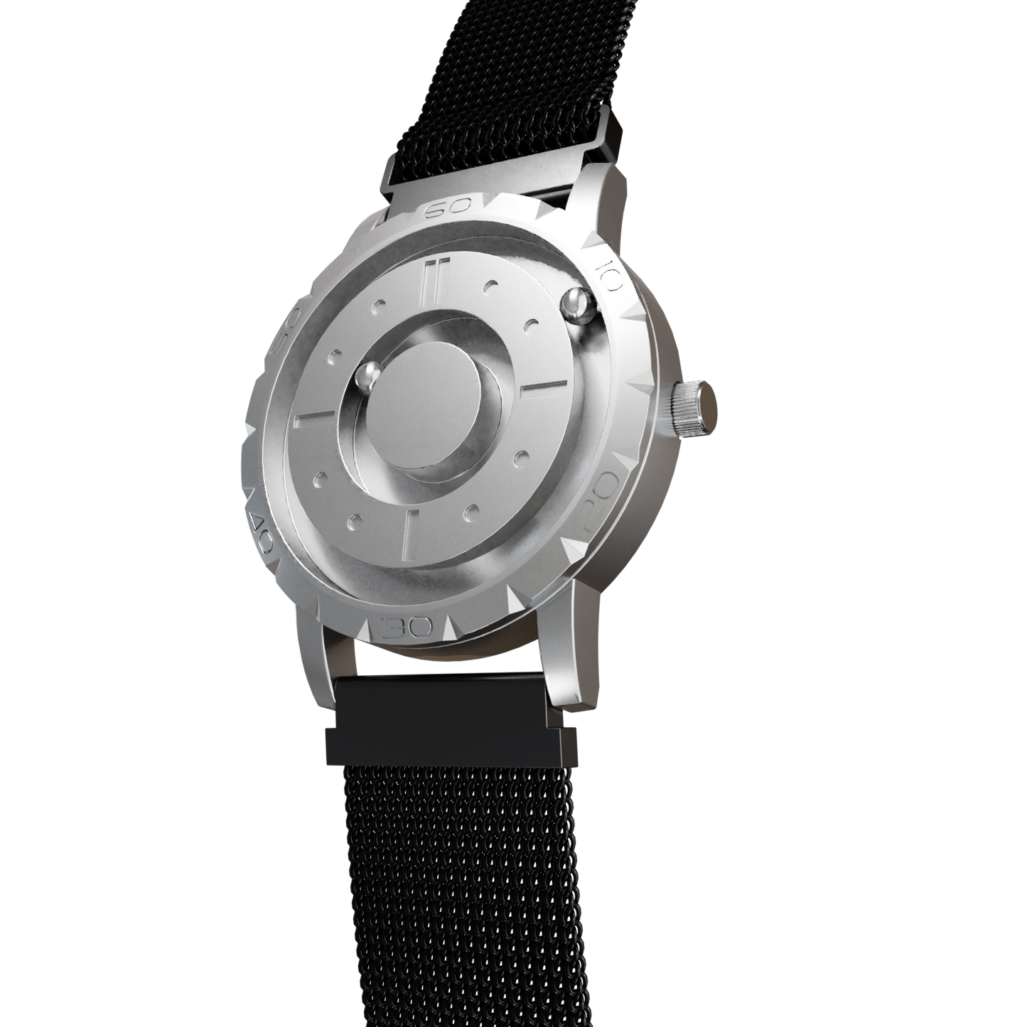 Magneto-Watch-Komet-Silver-Maschenarmband-Schwarz-Side