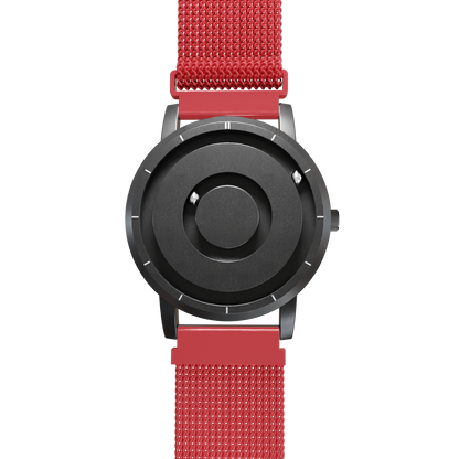 Magneto-Watch-Jupiter-Black-Maschenarmband-Rot-Front