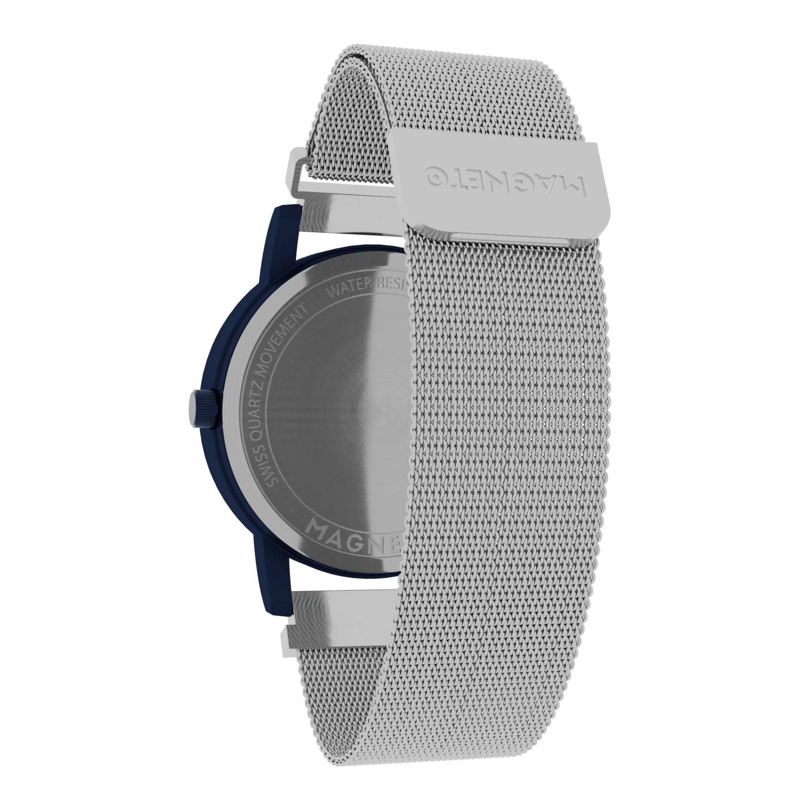 Magneto-Watch-Wave-Blue-Maschenarmband-Silber-Back