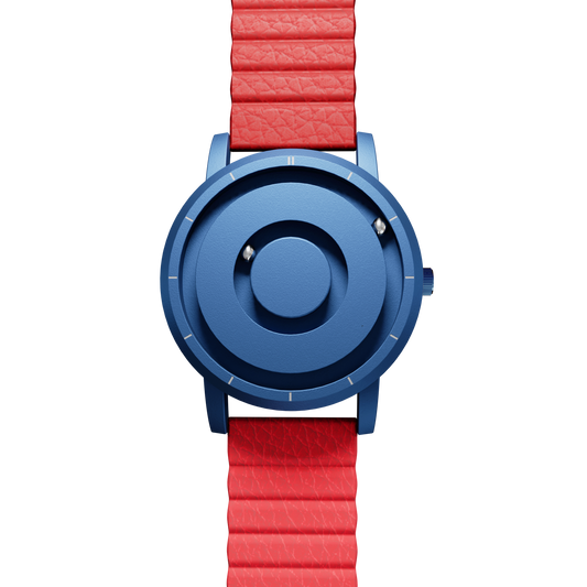 Magneto-Watch-Jupiter-Blue-Kunstleder-Magnetisch-Rot-Front