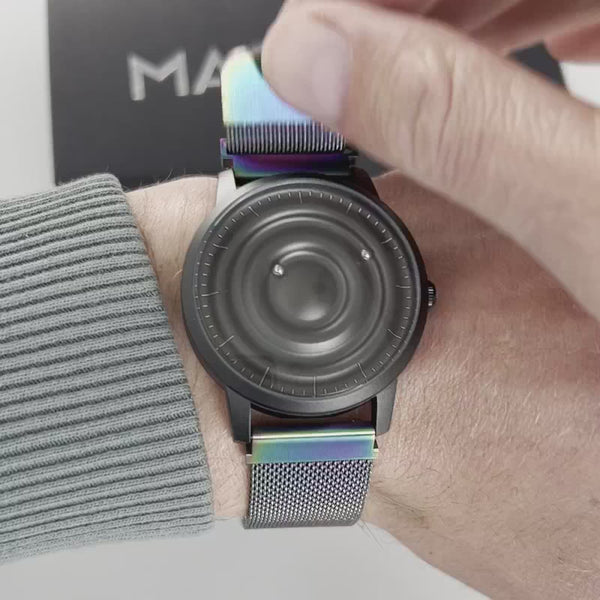 Magneto-Watch-Wave-Black-Maschenarmband-Flip-Flop-Handgelenk-Video